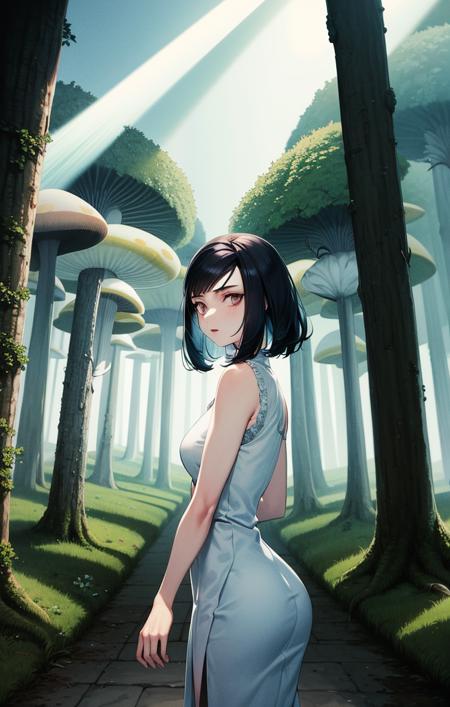 51286-4139640786-masterpiece, illustration, sunshafts, volumetric lighting, maya amano [persona], 1girl, giant mushrooms forest, fog, mist, sceni.png